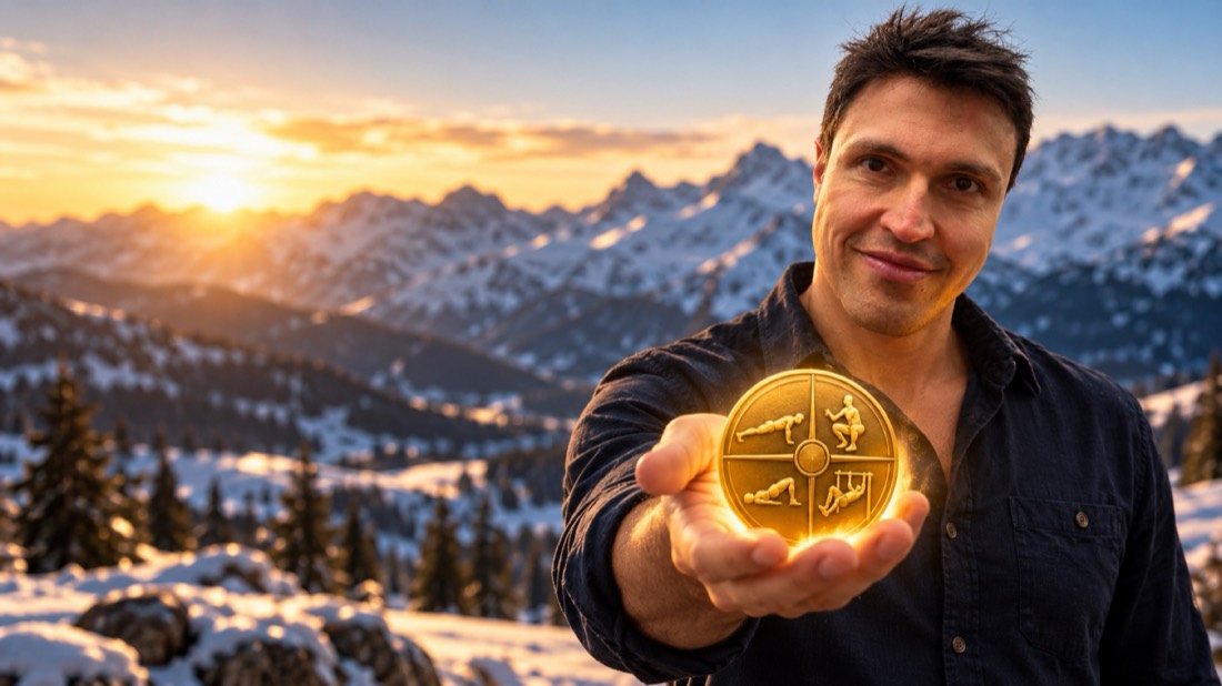 Leandro segurando a Mandala dos 4 Magníficos nas montanhas com neve